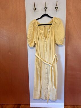 Faherty Yellow Cotton Button-Front Midi Dress with Tie Waist, size large